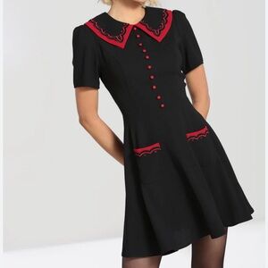 Hell Bunny Emma Mini Dress | Vintage Inspired Gothic Collar Red Button Detail